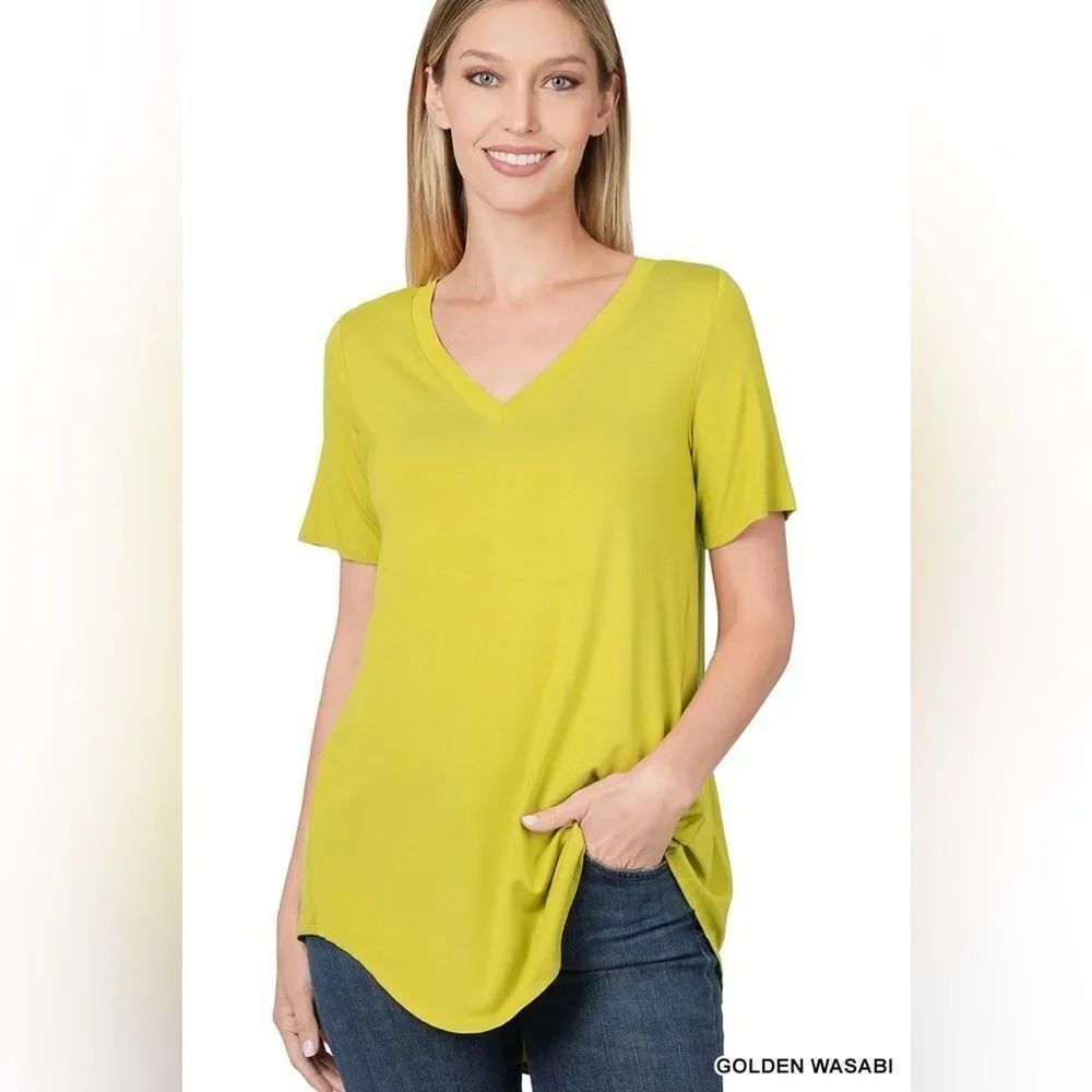 Zenana Outfitters V-Neck Short Sleeve Tee - golden wasabi at-5541ab